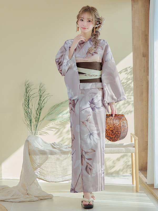 画像4: 【即日発送！】【浴衣】ホワイトフラワーブラウン浴衣【浴衣３点セット 浴衣/帯/下駄】[YMT]