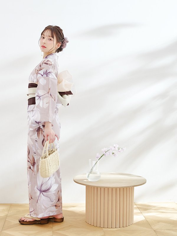 画像10: 【即日発送】【浴衣】ホワイトフラワーブラウン浴衣  【浴衣３点セット 浴衣/帯/下駄】[YMT]