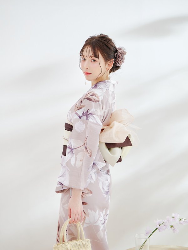 画像11: 【即日発送】【浴衣】ホワイトフラワーブラウン浴衣  【浴衣３点セット 浴衣/帯/下駄】[YMT]