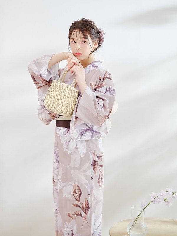 画像12: 【即日発送】【浴衣】ホワイトフラワーブラウン浴衣  【浴衣３点セット 浴衣/帯/下駄】[YMT]