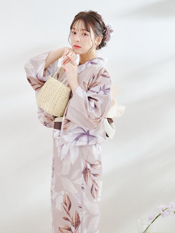 画像13: 【即日発送】【浴衣】ホワイトフラワーブラウン浴衣  【浴衣３点セット 浴衣/帯/下駄】[YMT]