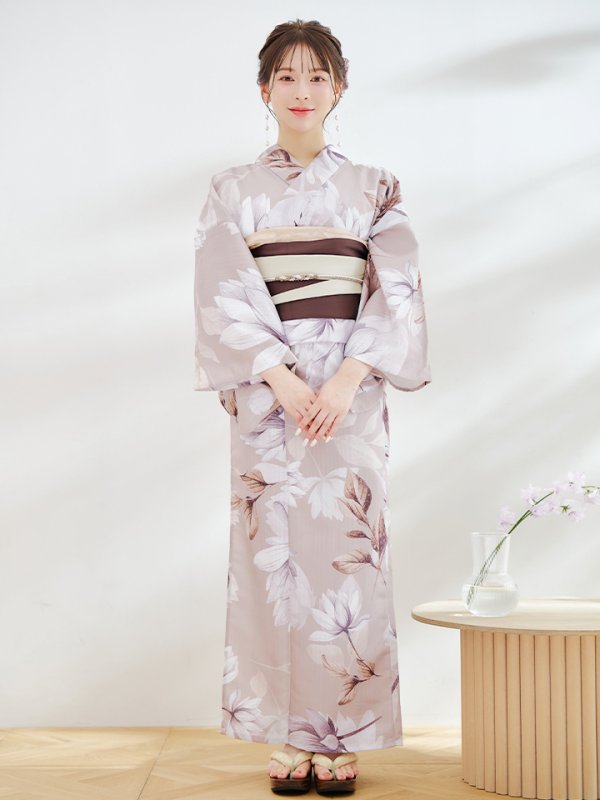画像4: 【即日発送】【浴衣】ホワイトフラワーブラウン浴衣  【浴衣３点セット 浴衣/帯/下駄】[YMT]