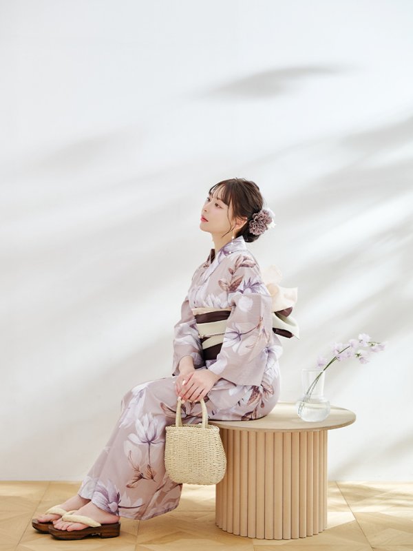 画像5: 【即日発送】【浴衣】ホワイトフラワーブラウン浴衣  【浴衣３点セット 浴衣/帯/下駄】[YMT]