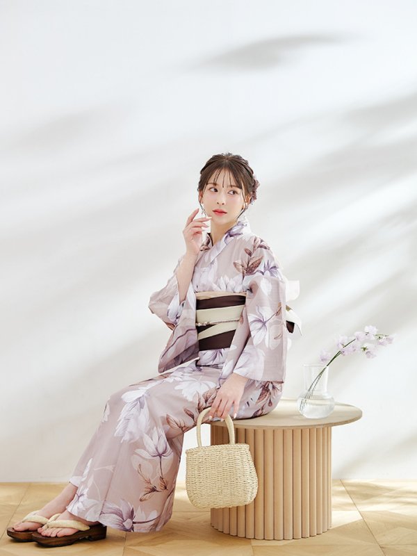 画像6: 【即日発送】【浴衣】ホワイトフラワーブラウン浴衣  【浴衣３点セット 浴衣/帯/下駄】[YMT]