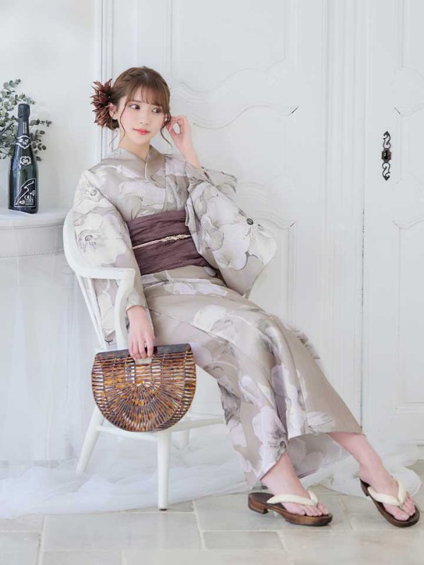 画像10: 【即日発送】ベージュ地にアネモネの大人花浴衣  【浴衣３点セット 浴衣/帯/下駄】[YMT]