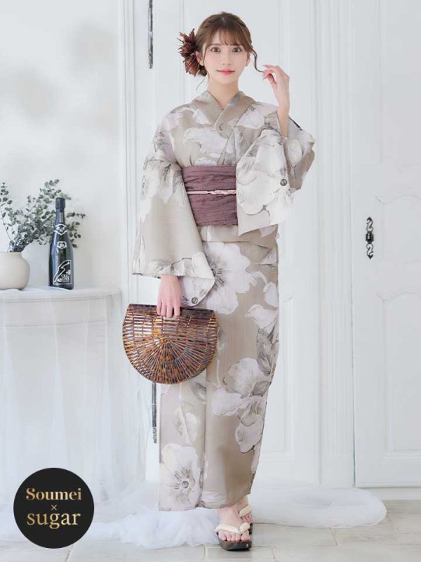 画像3: 【即日発送】ベージュ地にアネモネの大人花浴衣  【浴衣３点セット 浴衣/帯/下駄】[YMT]