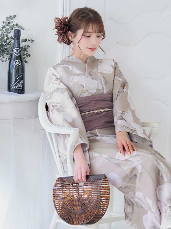 画像7: 【即日発送】ベージュ地にアネモネの大人花浴衣  【浴衣３点セット 浴衣/帯/下駄】[YMT]