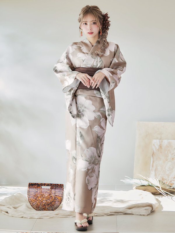 画像13: 【即日発送】ベージュ地にアネモネの大人花浴衣  【浴衣３点セット 浴衣/帯/下駄】[YMT]