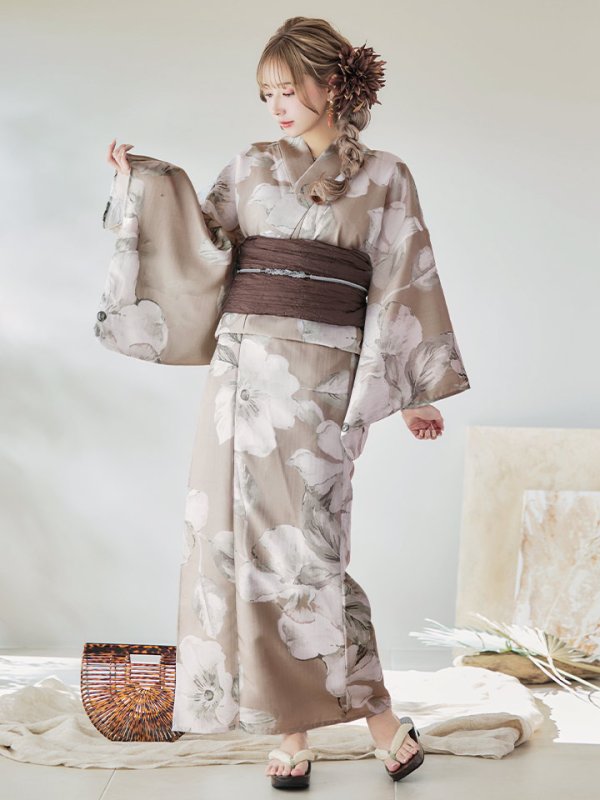 画像3: 【即日発送】ベージュ地にアネモネの大人花浴衣  【浴衣３点セット 浴衣/帯/下駄】[YMT]