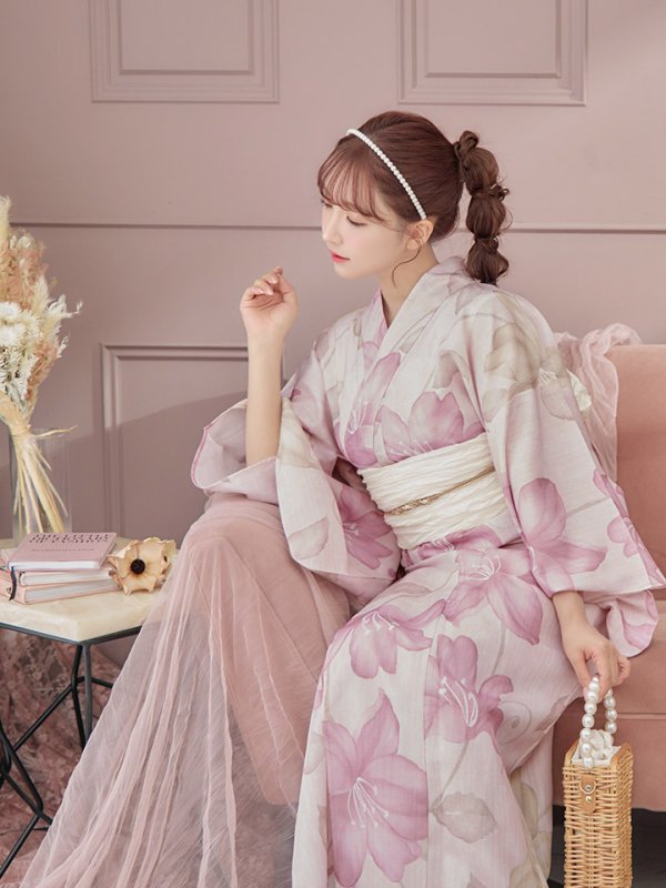 画像12: 【即日発送！】【浴衣】  大人スウィート/ピンク地x百合浴衣【浴衣３点セット 浴衣/帯/下駄】[FB02]