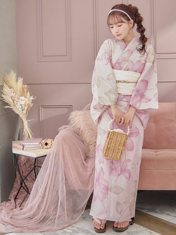 画像4: 【即日発送！】【浴衣】  大人スウィート/ピンク地x百合浴衣【浴衣３点セット 浴衣/帯/下駄】[FB02]