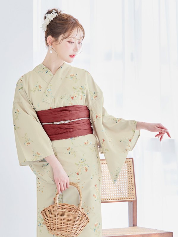 画像12: 【即日発送】【浴衣セール！】ベージュ地×小花柄浴衣  【浴衣３点セット 浴衣/帯/下駄】[YMT]