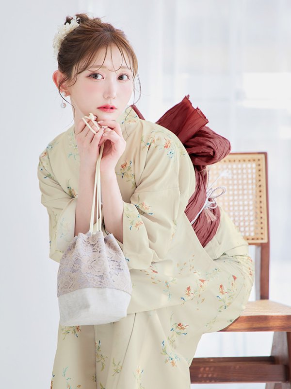 画像13: 【即日発送】【浴衣セール！】ベージュ地×小花柄浴衣  【浴衣３点セット 浴衣/帯/下駄】[YMT]