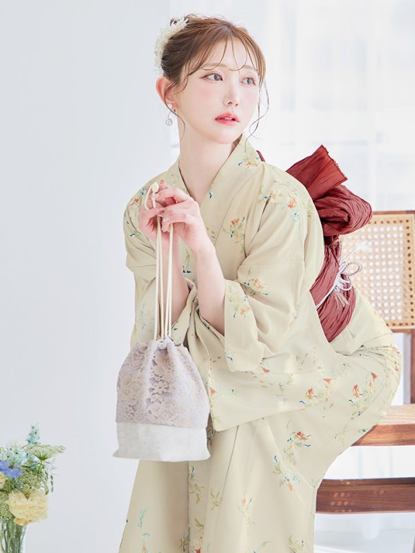 画像15: 【即日発送】【浴衣セール！】ベージュ地×小花柄浴衣  【浴衣３点セット 浴衣/帯/下駄】[YMT]