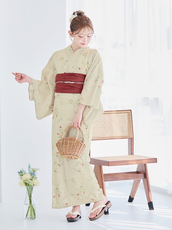 画像4: 【即日発送】【浴衣セール！】ベージュ地×小花柄浴衣  【浴衣３点セット 浴衣/帯/下駄】[YMT]
