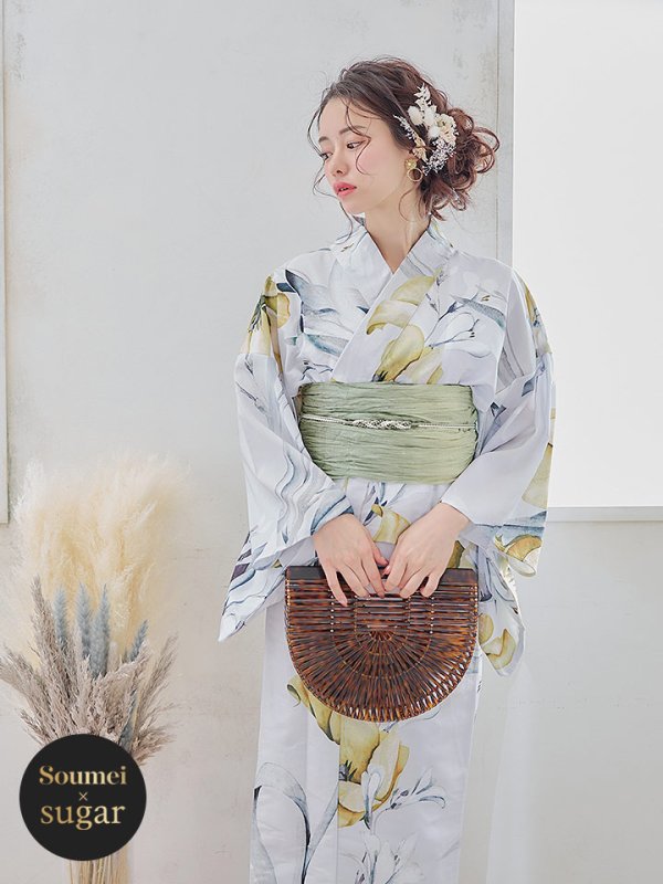 画像2: 【即日発送】イエローフラワーと木蓮浴衣  【浴衣３点セット 浴衣/帯/下駄】[YMT]