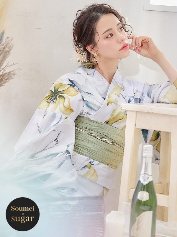 画像3: 【即日発送】イエローフラワーと木蓮浴衣  【浴衣３点セット 浴衣/帯/下駄】[YMT]