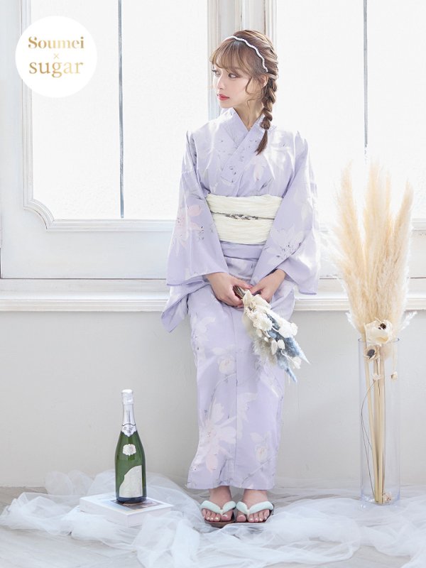 画像2: 【浴衣セール！】【浴衣】ライラックの可憐な花浴衣  【浴衣３点セット 浴衣/帯/下駄】OBI-siwa-200-kj-13-OW/ HIMO-900-yn-4-GYxGY/ YA-1079-kj-6-W/ HEKO-800-sb-5-W/ GETA-02-ok-3-LBL[YMT]