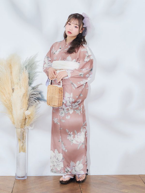画像4: 【即日発送】大人スウィート/くすみピンク椿浴衣【浴衣３点セット 浴衣/帯/下駄】[YMT]
