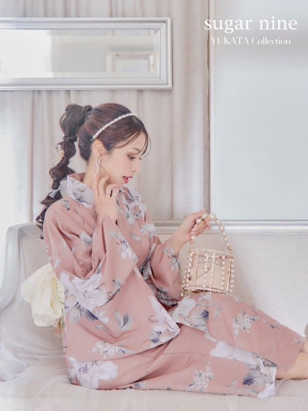 画像2: 大人スウィート/くすみピンク椿浴衣【浴衣３点セット 浴衣/帯/下駄】OBI-siwa-200-kj-13-OW / HIMO-900-yn-8-P / YA-1079-kj-5-W / HEKO-800-sb-5-W / GETA-02-ok-5-P[YMT]