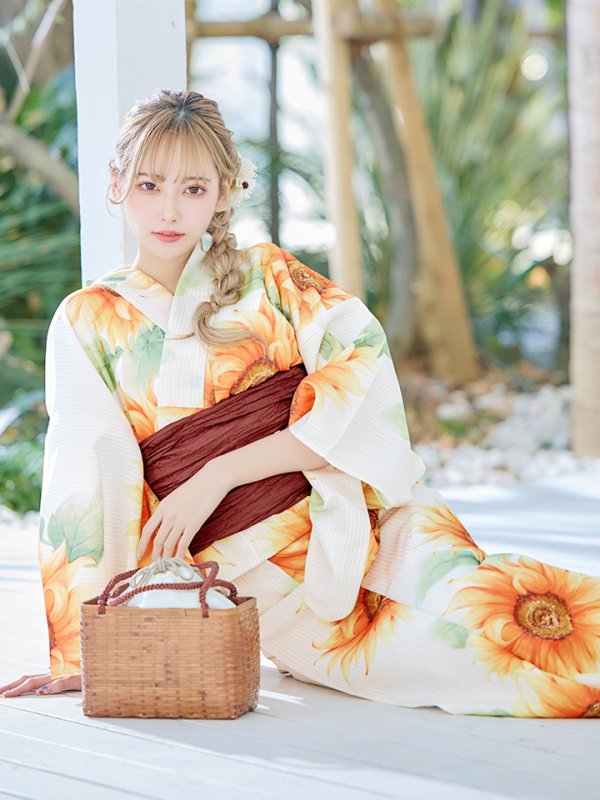 画像11: 【即日発送】【浴衣】アイボリー×ひまわりストライプ柄浴衣 向日葵  【浴衣３点セット 浴衣/帯/下駄】[FB02]