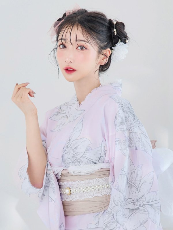 画像5: 【即日発送！】【Riuコラボ】ライトピンクx百合リボン浴衣  【浴衣３点セット 浴衣/帯/下駄】[YMT]