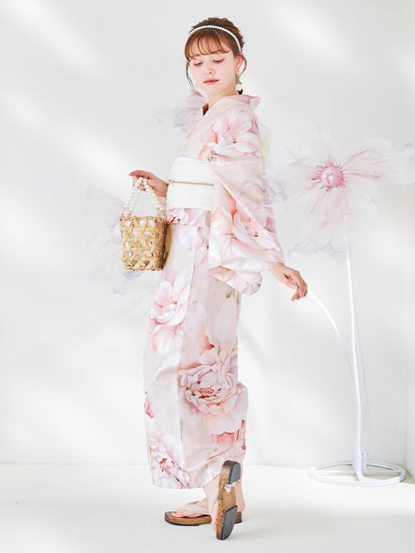 画像12: 【即日発送】くすみピンクスウィート牡丹浴衣  【浴衣３点セット 浴衣/帯/下駄】 [/YMT]