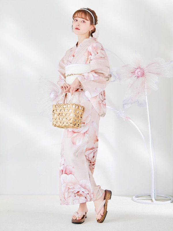 画像3: 【即日発送】くすみピンクスウィート牡丹浴衣  【浴衣３点セット 浴衣/帯/下駄】 [/YMT]