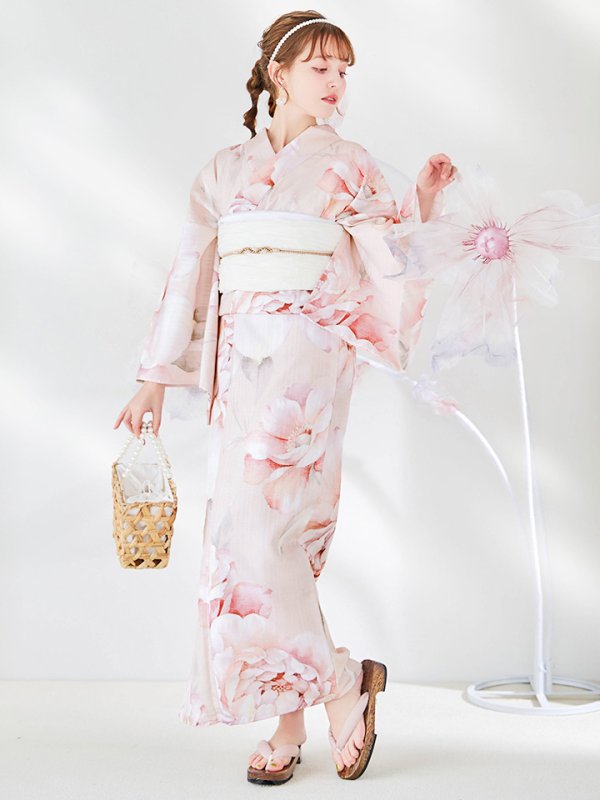 画像4: 【即日発送】くすみピンクスウィート牡丹浴衣  【浴衣３点セット 浴衣/帯/下駄】 [/YMT]