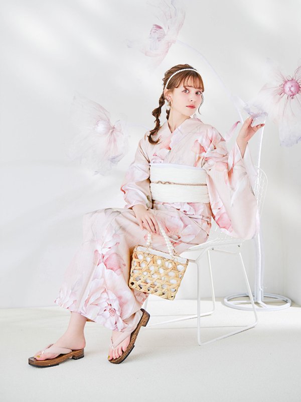 画像7: 【即日発送】くすみピンクスウィート牡丹浴衣  【浴衣３点セット 浴衣/帯/下駄】 [/YMT]