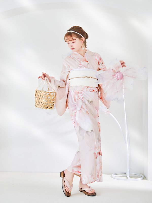 画像9: 【即日発送】くすみピンクスウィート牡丹浴衣  【浴衣３点セット 浴衣/帯/下駄】 [/YMT]
