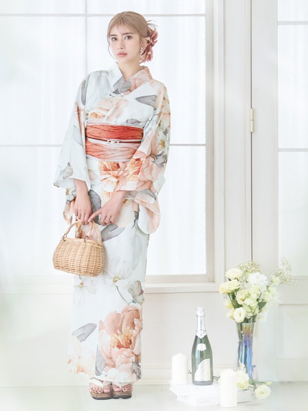 画像4: 【即日発送】アプリコットピンク牡丹浴衣  【浴衣３点セット 浴衣/帯/下駄】[YMT]