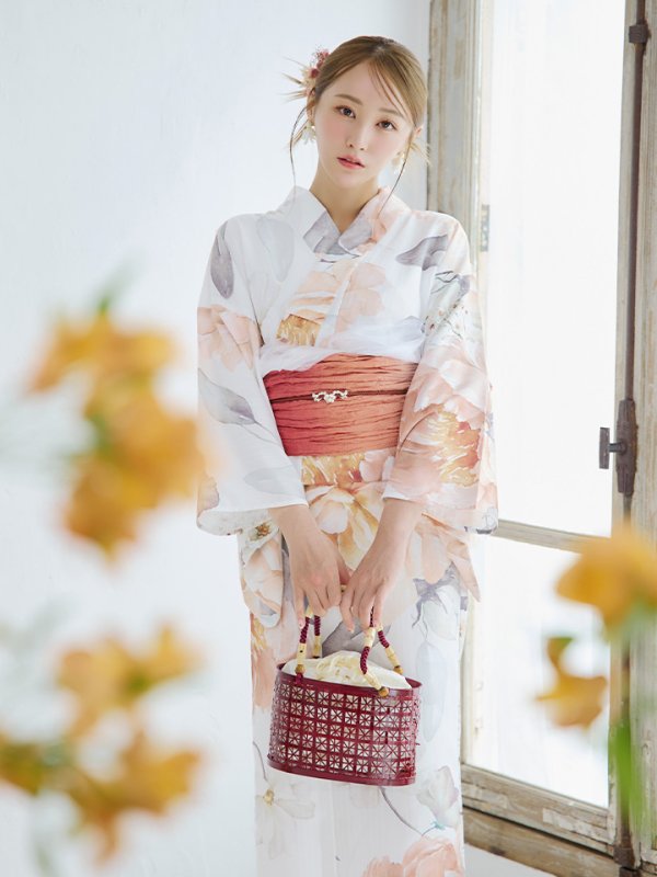 画像2: 【即日発送】アプリコットピンク牡丹浴衣  【浴衣３点セット 浴衣/帯/下駄】OBI-g-500-kj-4-OR / HIMO-902-kj-3-TRC / HEKO-800-sb-5-W / YA-68-kn-P / GETA-01-kj-3-IV[YMT]