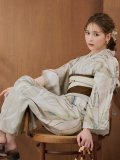 【浴衣セール！】ヘルシーリーフ柄ベージュ浴衣 OBI-hira-100-ok-2-BRxBE / HIMO-900-yn-7-MOC / HEKO-800-sb-3-BR / YA-1081-kj-BR / YA-1081-kj-P / GETA-01-kj-5-MOC[YMT]