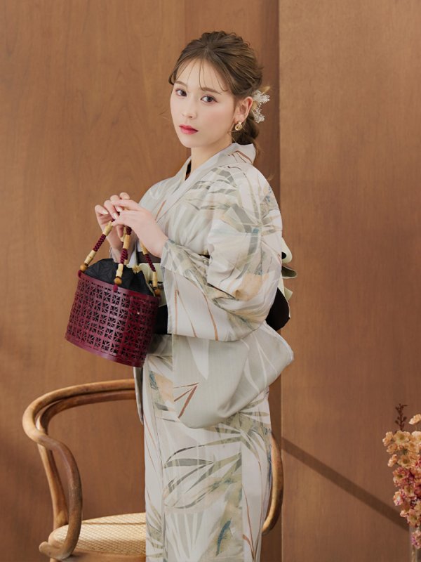 画像15: 【即日発送】【浴衣セール！】ヘルシーリーフ柄ベージュ浴衣  【浴衣３点セット 浴衣/帯/下駄】[YMT]