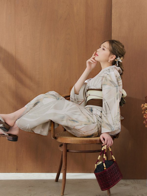 画像11: 【即日発送】【浴衣セール！】ヘルシーリーフ柄ベージュ浴衣  【浴衣３点セット 浴衣/帯/下駄】[YMT]