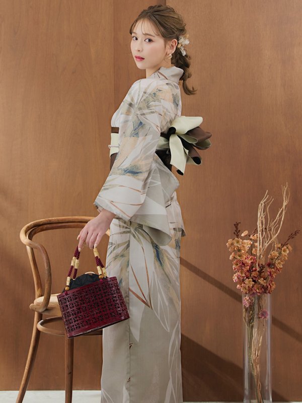 画像8: 【即日発送】【浴衣セール！】ヘルシーリーフ柄ベージュ浴衣  【浴衣３点セット 浴衣/帯/下駄】[YMT]