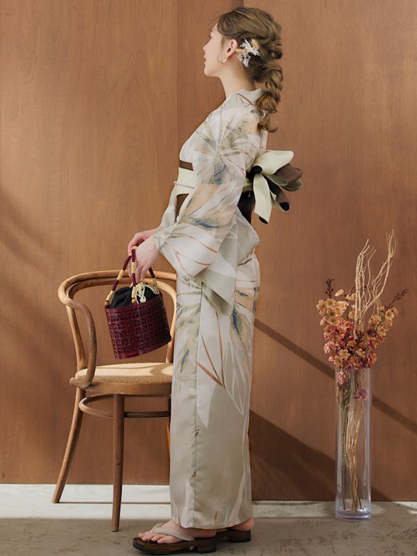 画像6: 【即日発送】【浴衣セール！】ヘルシーリーフ柄ベージュ浴衣  【浴衣３点セット 浴衣/帯/下駄】[YMT]