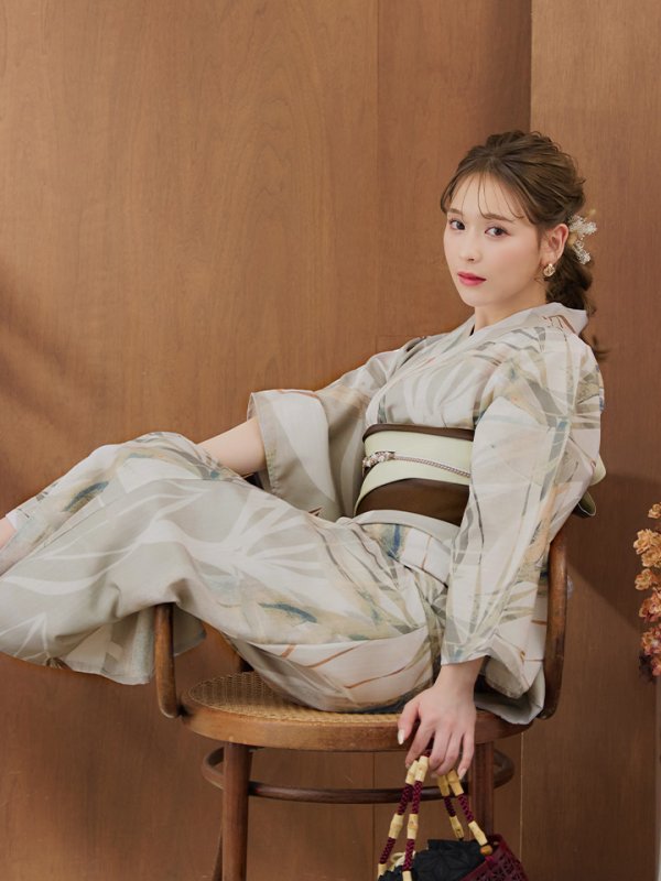 画像5: 【即日発送】【浴衣セール！】ヘルシーリーフ柄ベージュ浴衣  【浴衣３点セット 浴衣/帯/下駄】[YMT]