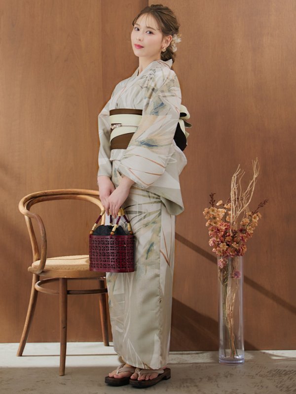 画像4: 【即日発送】【浴衣セール！】ヘルシーリーフ柄ベージュ浴衣  【浴衣３点セット 浴衣/帯/下駄】[YMT]