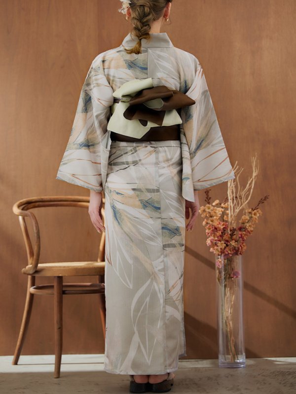 画像18: 【即日発送】【浴衣セール！】ヘルシーリーフ柄ベージュ浴衣  【浴衣３点セット 浴衣/帯/下駄】[YMT]