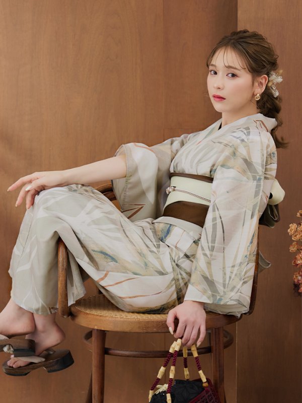 画像9: 【即日発送】【浴衣セール！】ヘルシーリーフ柄ベージュ浴衣  【浴衣３点セット 浴衣/帯/下駄】[YMT]