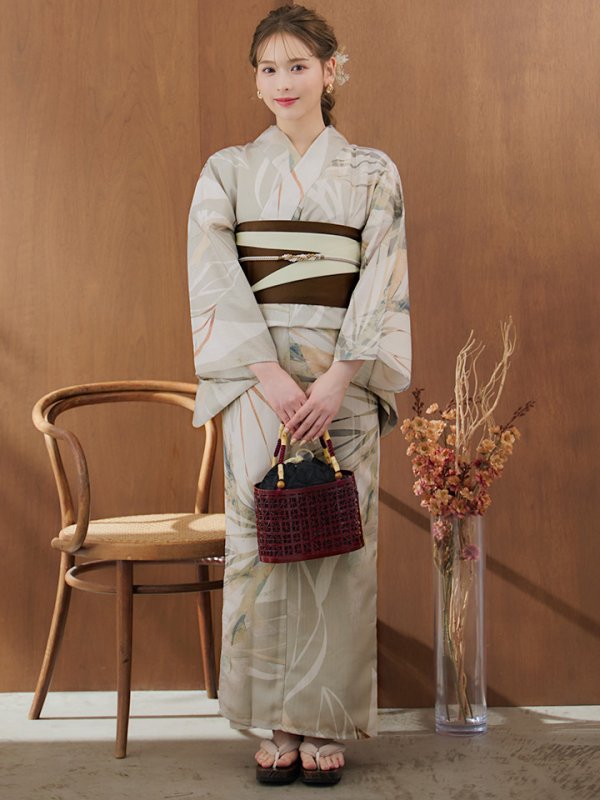 画像10: 【即日発送】【浴衣セール！】ヘルシーリーフ柄ベージュ浴衣  【浴衣３点セット 浴衣/帯/下駄】[YMT]