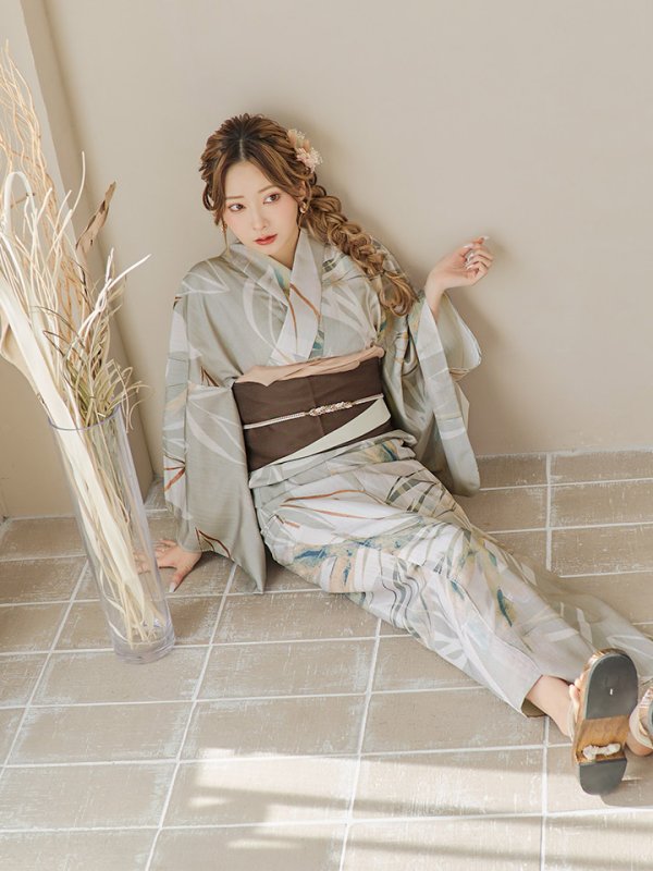 画像13: 【即日発送】【浴衣セール！】ヘルシーリーフ柄ベージュ浴衣  【浴衣３点セット 浴衣/帯/下駄】[YMT]