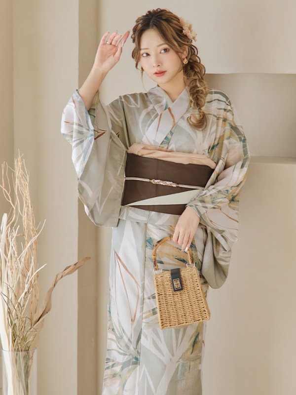 画像16: 【即日発送】【浴衣セール！】ヘルシーリーフ柄ベージュ浴衣  【浴衣３点セット 浴衣/帯/下駄】[YMT]