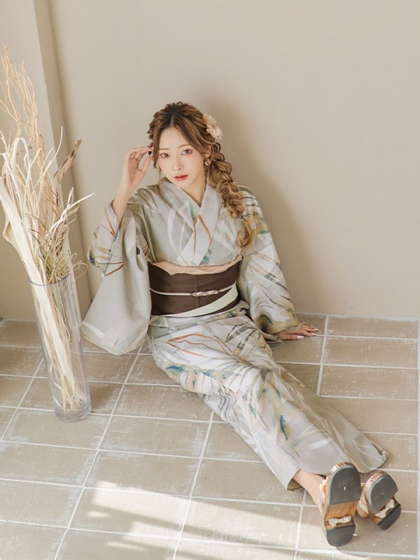 画像17: 【即日発送】【浴衣セール！】ヘルシーリーフ柄ベージュ浴衣  【浴衣３点セット 浴衣/帯/下駄】[YMT]