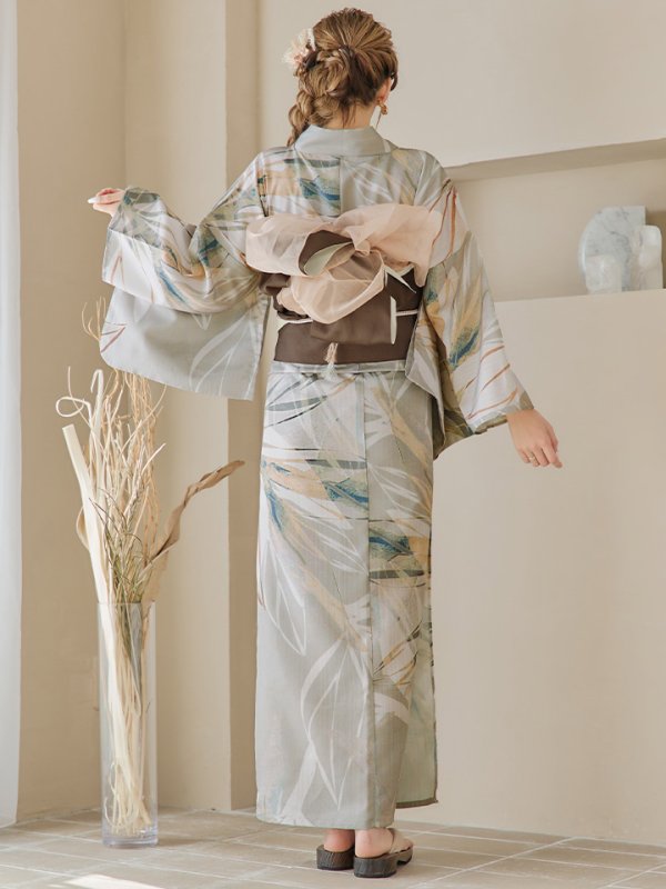 画像18: 【即日発送】【浴衣セール！】ヘルシーリーフ柄ベージュ浴衣  【浴衣３点セット 浴衣/帯/下駄】[YMT]