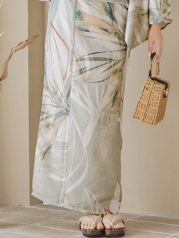 画像20: 【即日発送】【浴衣セール！】ヘルシーリーフ柄ベージュ浴衣  【浴衣３点セット 浴衣/帯/下駄】[YMT]