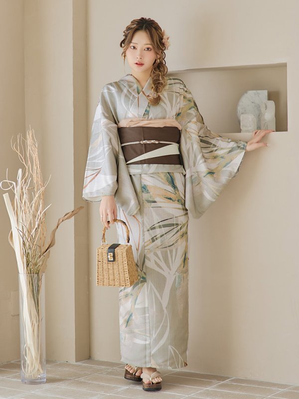 画像4: 【即日発送】【浴衣セール！】ヘルシーリーフ柄ベージュ浴衣  【浴衣３点セット 浴衣/帯/下駄】[YMT]