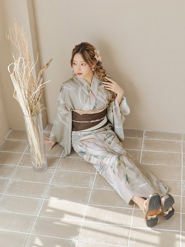 画像5: 【即日発送】【浴衣セール！】ヘルシーリーフ柄ベージュ浴衣  【浴衣３点セット 浴衣/帯/下駄】[YMT]